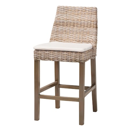 Bali & Pari Toby Modern Bohemian Grey Kubu Rattan and Rustic Taupe Finished Mahogany Wood Counter Stool 245-13715-ZORO